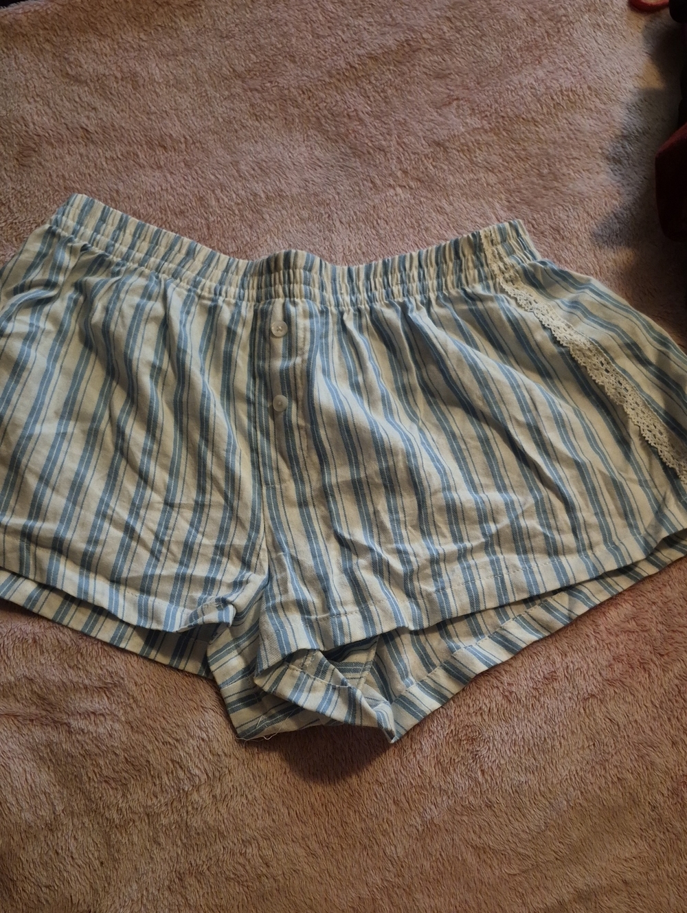 wild fable Blue & White Striped Cotton Lounge Shorts with Lace Trim